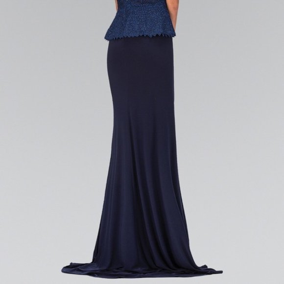 Evening Party Mother of Bride Peplum Floor Length Jersey Dress with Lace Bodice - Picture 6 of 8